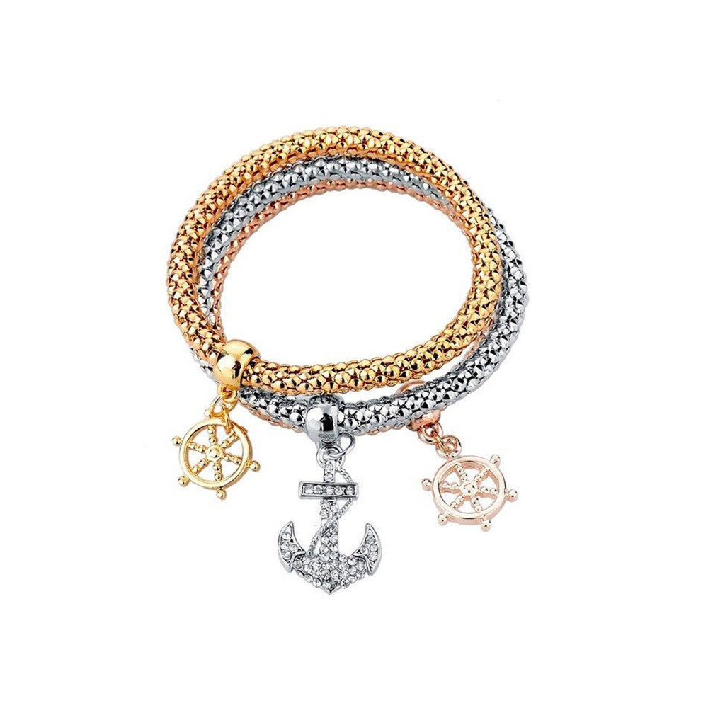 GOLD PLATED WHEEL OF DHARMA & ANCHOR BRACELETS BUNDLE. 3 PIECES