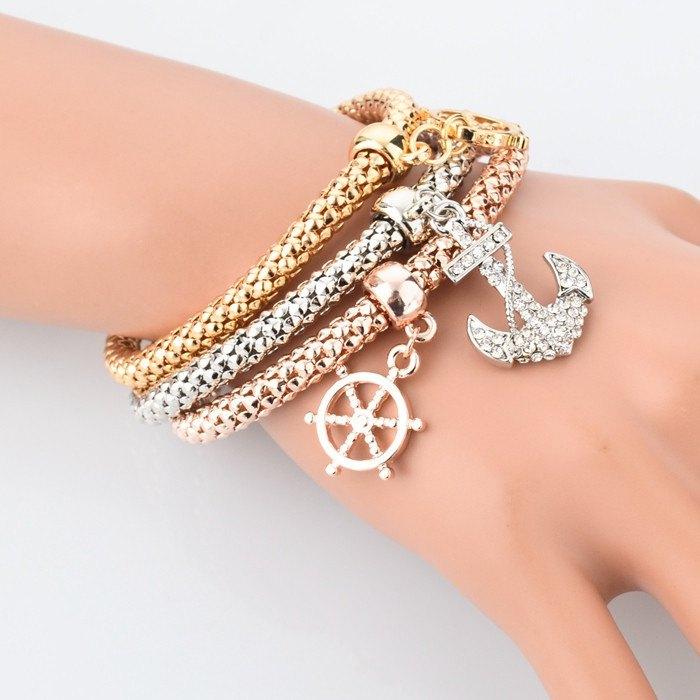 GOLD PLATED WHEEL OF DHARMA & ANCHOR BRACELETS BUNDLE. 3 PIECES