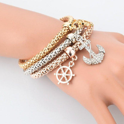 GOLD PLATED WHEEL OF DHARMA & ANCHOR BRACELETS BUNDLE. 3 PIECES