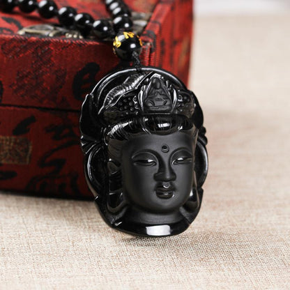 BLACK OBSIDIAN GUANYIN HEAD NECKLACE