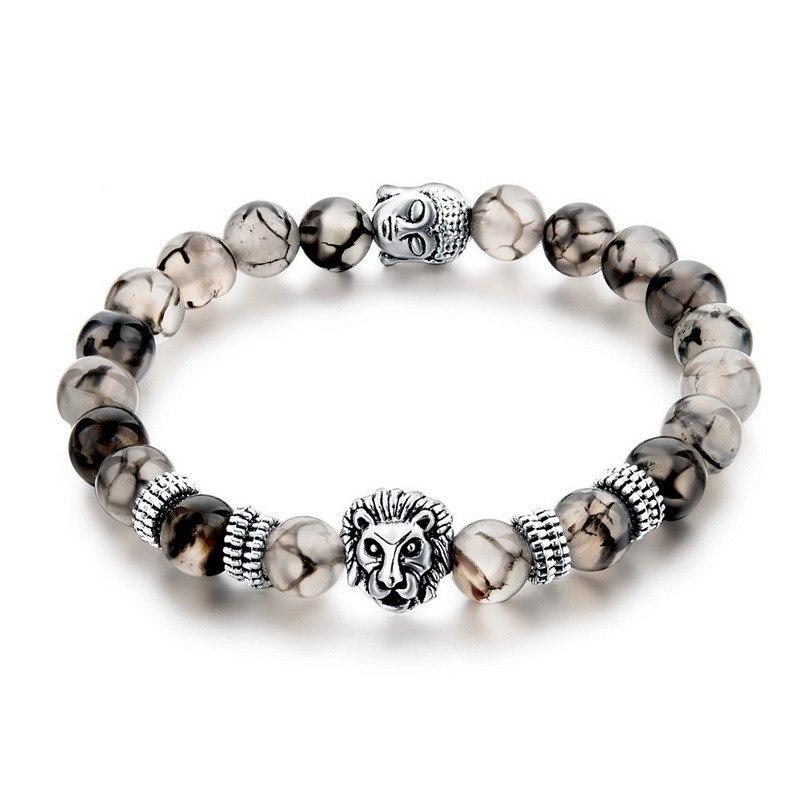 SILVER PLATED LION HEAD & AGATE BEADS BRACELET