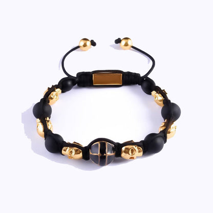 GOLD PLATED SKULLS, MATTE BEADS & RHINESTONE BRACELET