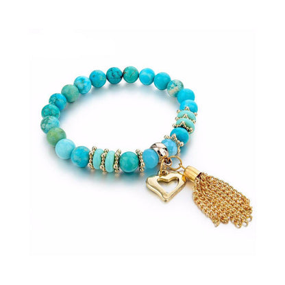 TURQUOISE NATURAL STONE BEADS & GOLD TASSEL BRACELET