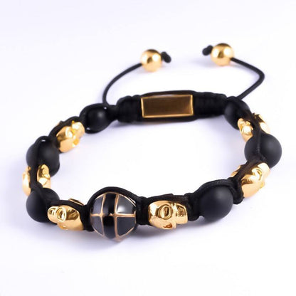 GOLD PLATED SKULLS, MATTE BEADS & RHINESTONE BRACELET