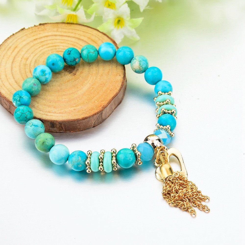 TURQUOISE NATURAL STONE BEADS & GOLD TASSEL BRACELET