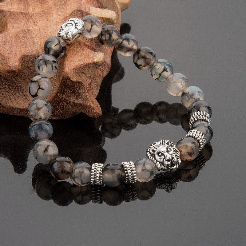 SILVER PLATED LION HEAD & AGATE BEADS BRACELET