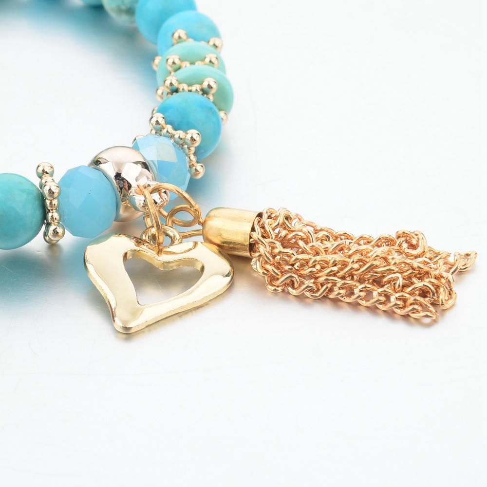 TURQUOISE NATURAL STONE BEADS & GOLD TASSEL BRACELET