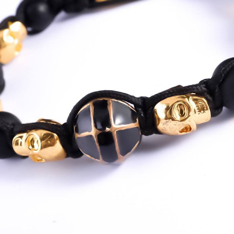 GOLD PLATED SKULLS, MATTE BEADS & RHINESTONE BRACELET