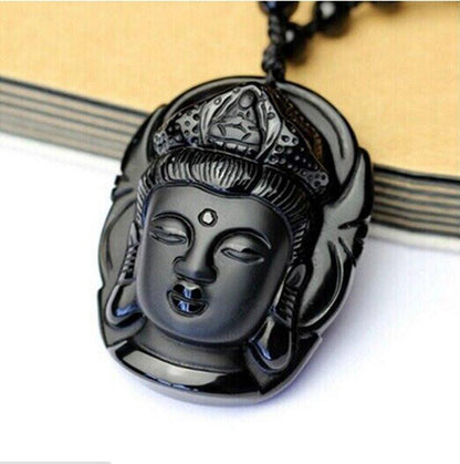 BLACK OBSIDIAN GUANYIN HEAD NECKLACE