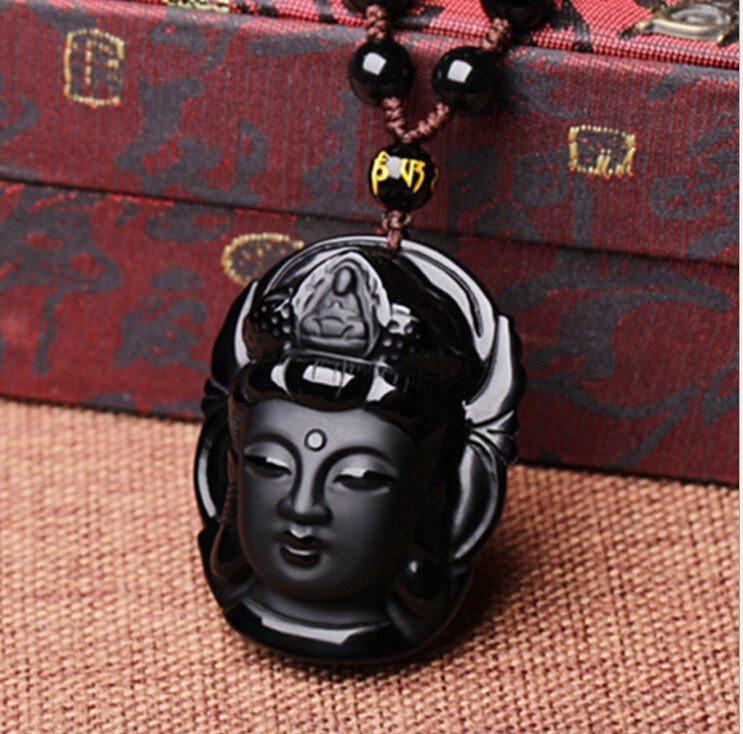 BLACK OBSIDIAN GUANYIN HEAD NECKLACE