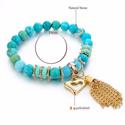 TURQUOISE NATURAL STONE BEADS & GOLD TASSEL BRACELET