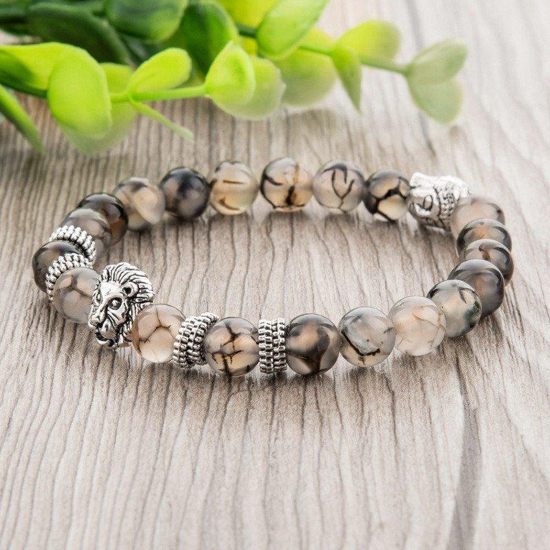 SILVER PLATED LION HEAD & AGATE BEADS BRACELET