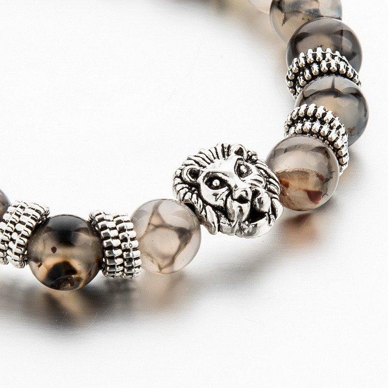 SILVER PLATED LION HEAD & AGATE BEADS BRACELET