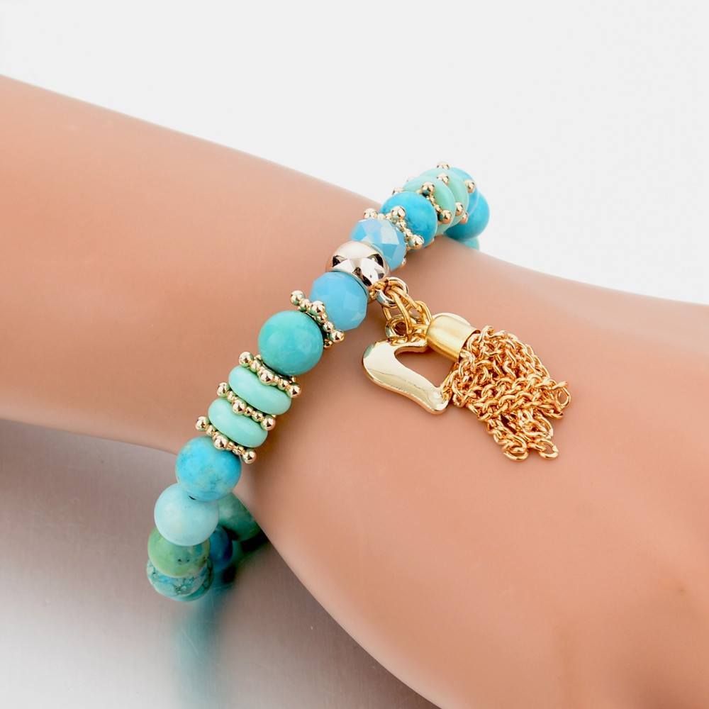 TURQUOISE NATURAL STONE BEADS & GOLD TASSEL BRACELET