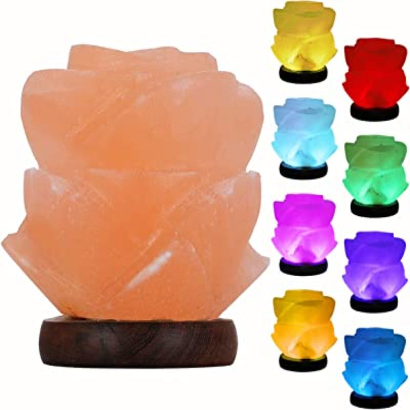 Rose Shaped Himalayan Salt Lamp With Wooden Base