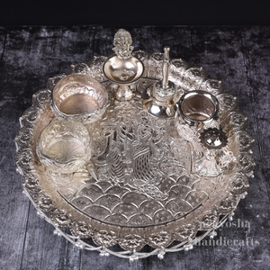 Classic Style Handcrafted Radha Krishna German Silver Pooja Thali Set