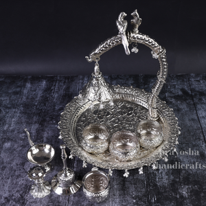 Exquisite Flower Design German Silver Polish Pooja Thali Set