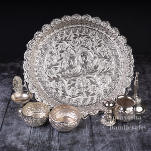 Radhe Krishna German Silver Pooja Thali Set: Sacred Elegance Handcrafted for You